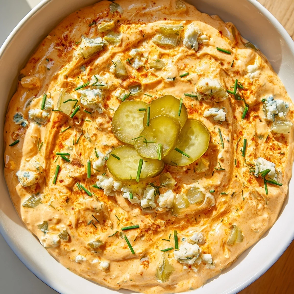 Tangy buffalo pickle dip topped with chopped pickles and chives, ready for game day snacking