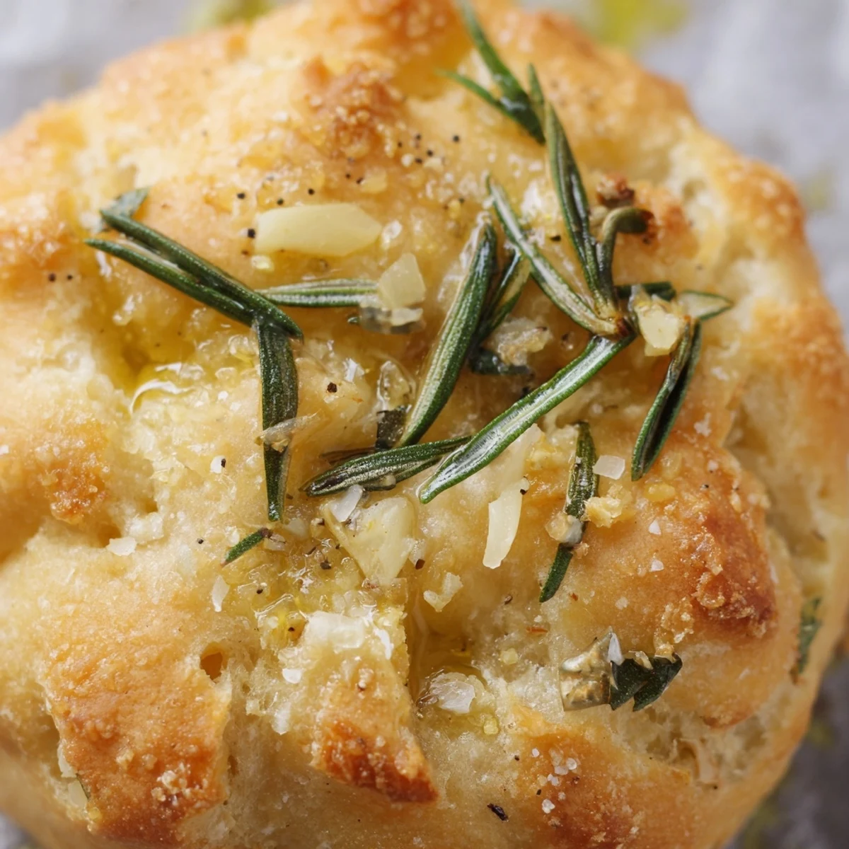 Golden garlic rosemary focaccia muffins topped with sea salt and fresh herb garnish