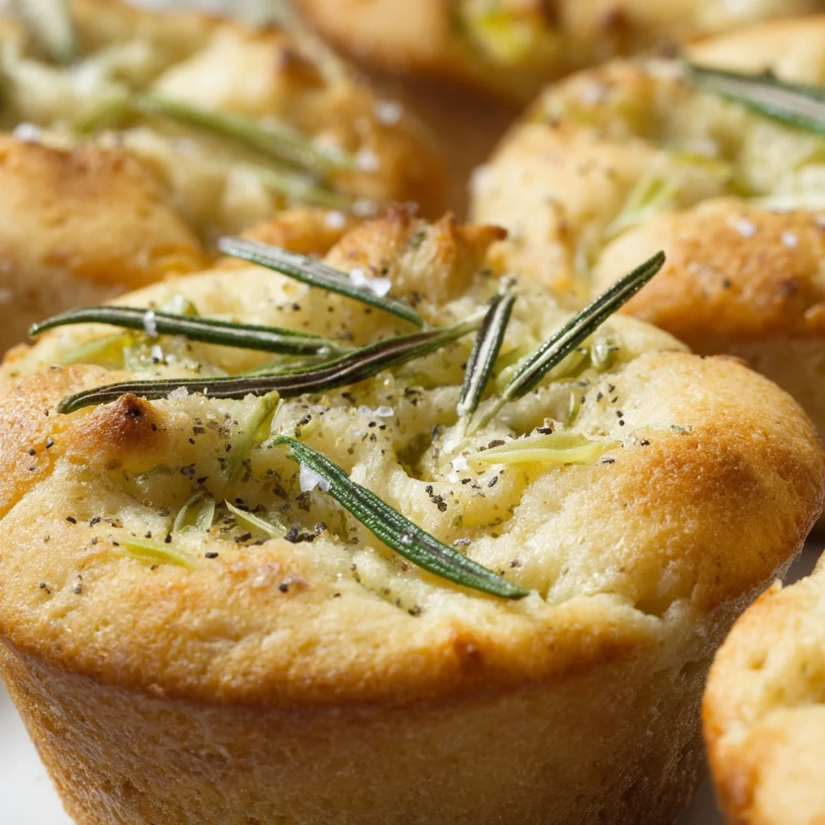 Warm garlic rosemary focaccia muffins fresh from the oven with crispy golden edges