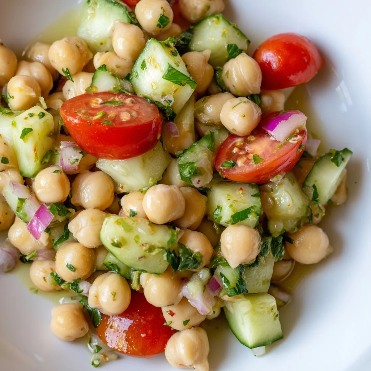 Chickpea cucumber salad in a white bowl with fresh herbs and lemon dressing