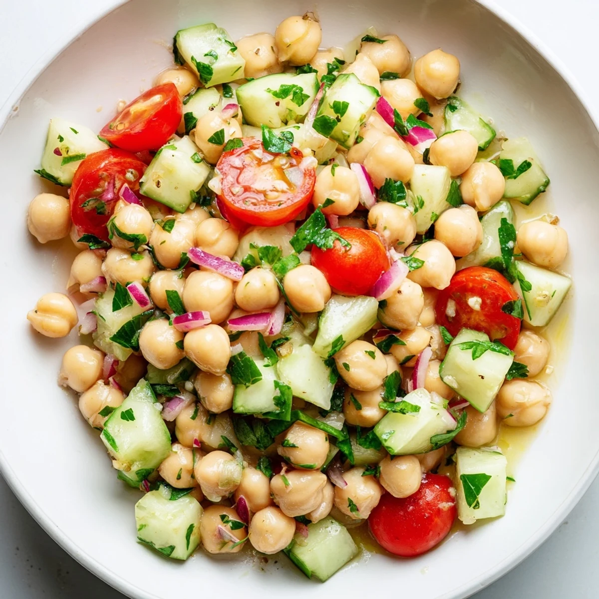 Bright chickpea cucumber salad featuring ripe tomatoes and crisp vegetables in olive oil dressing
