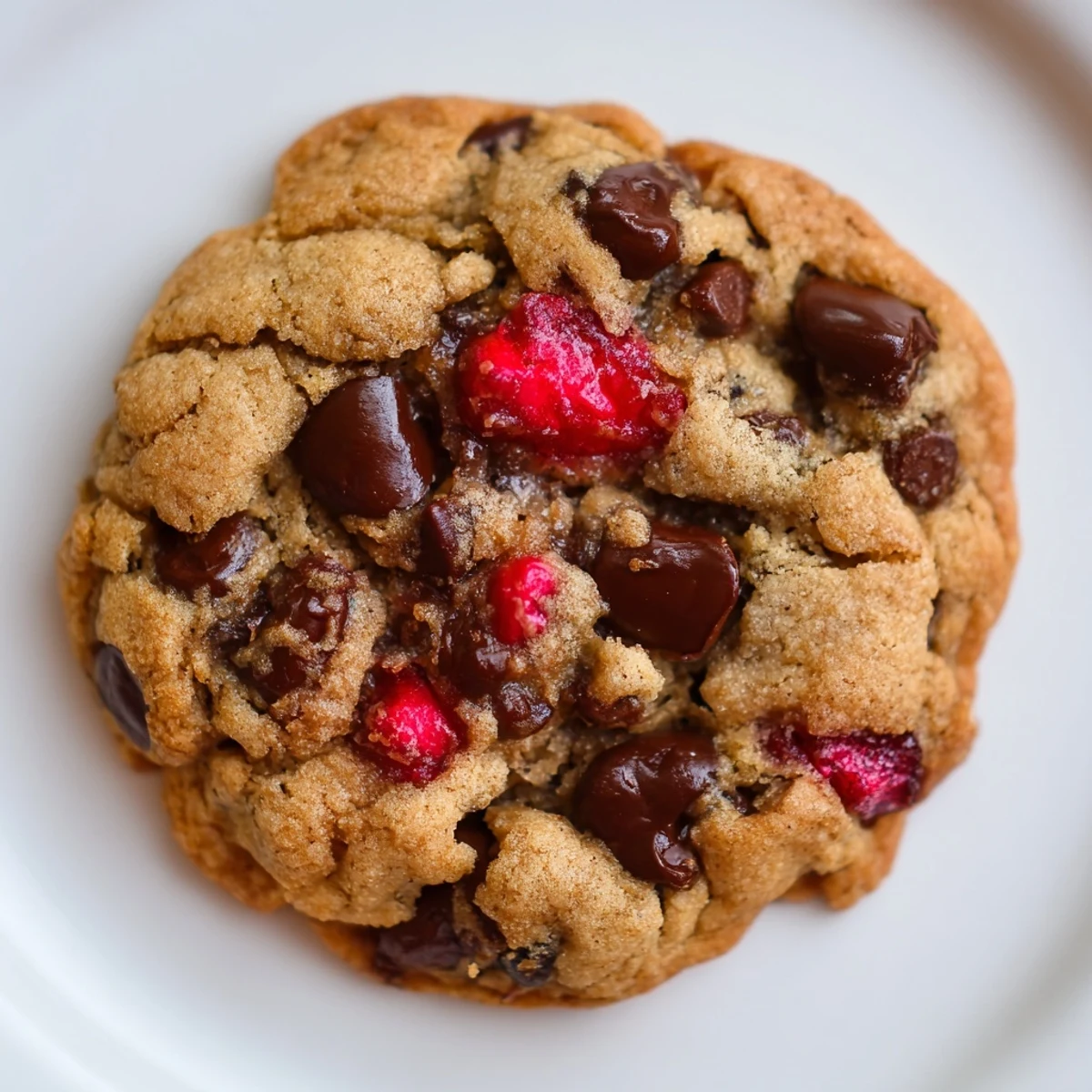 Soft maraschino cherry chocolate chip cookies with melted chips and bright red fruit pieces