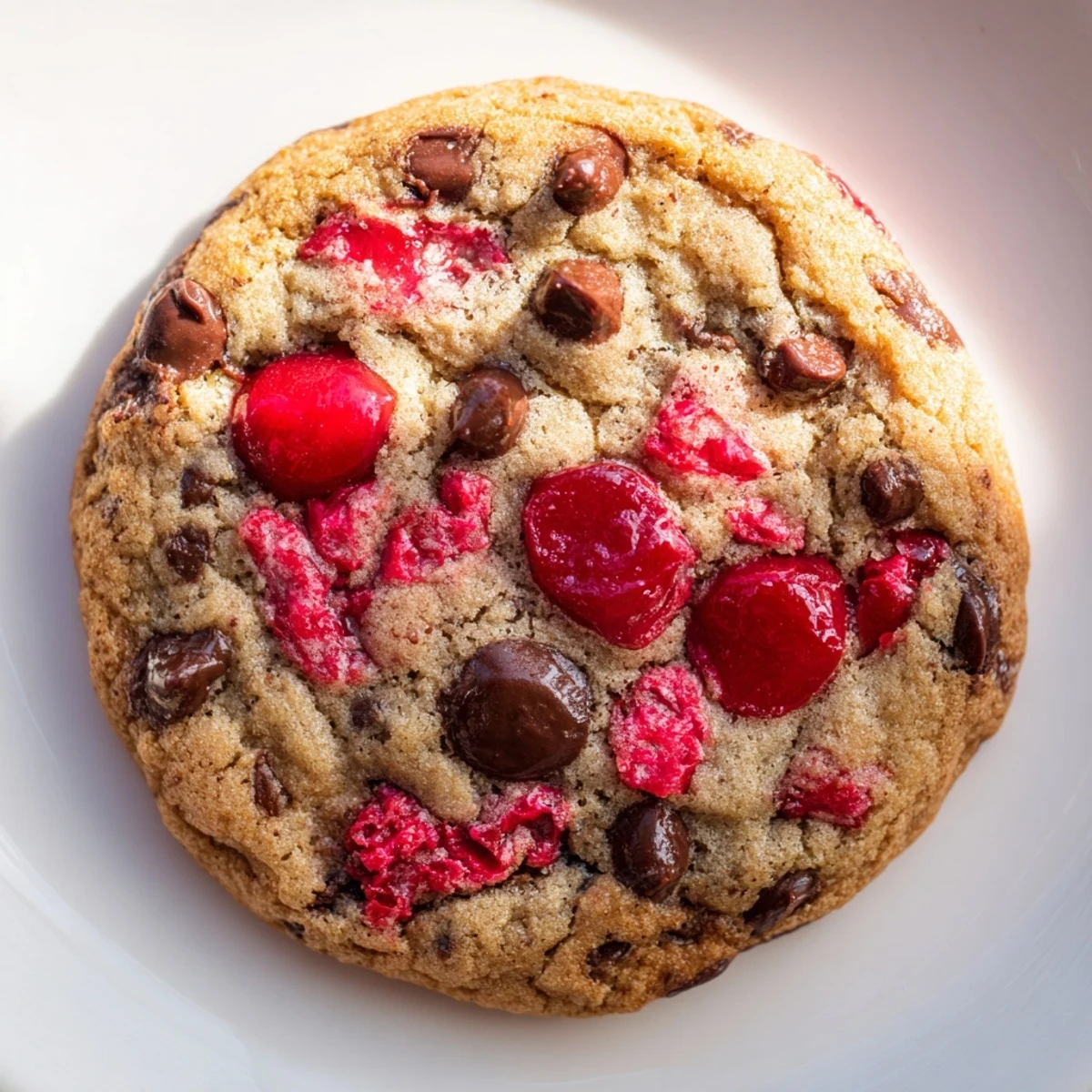 Golden cookies loaded with chocolate chips and vibrant chopped maraschino cherries on a rustic baking sheet