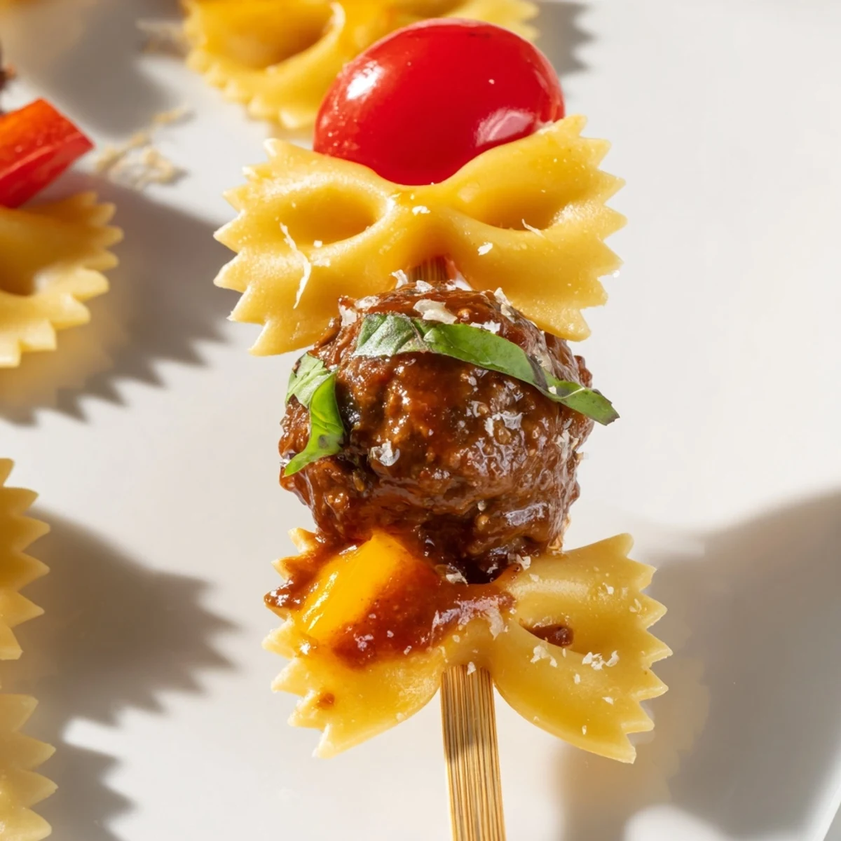 Juicy cocktail meatballs and bowtie pasta skewers drizzled with glossy barbecue glaze on a white platter