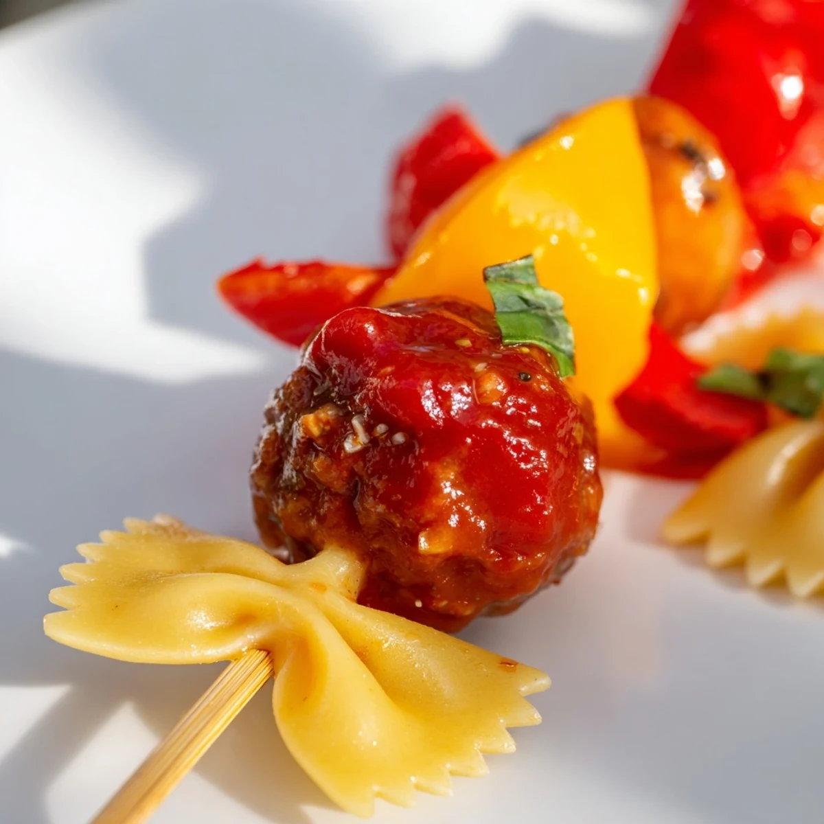 Colorful bowtie pasta and cocktail meatball skewers featuring red and yellow bell peppers with fresh basil