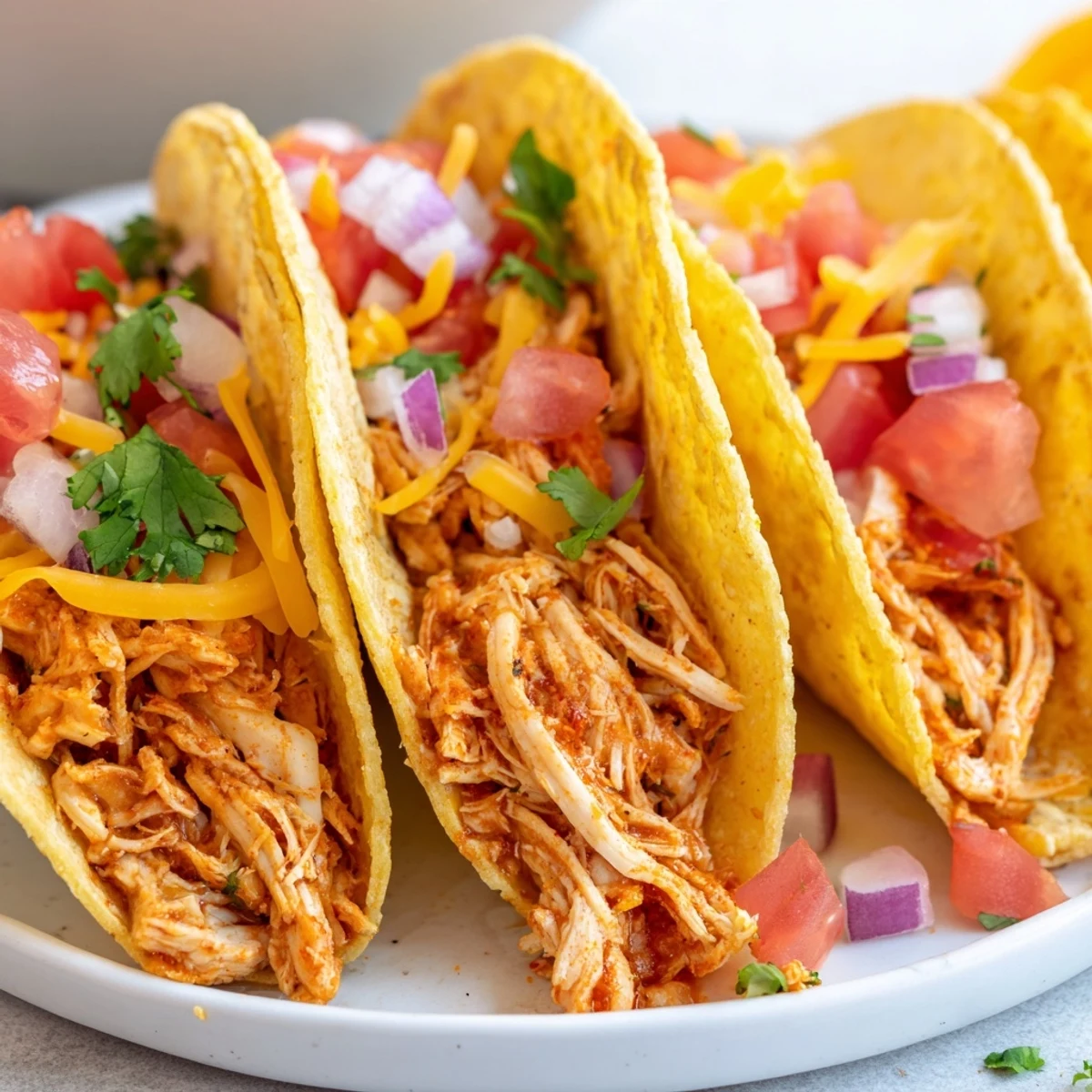 Tender slow cooker shredded chicken tacos stuffed in crispy corn shells with avocado slices