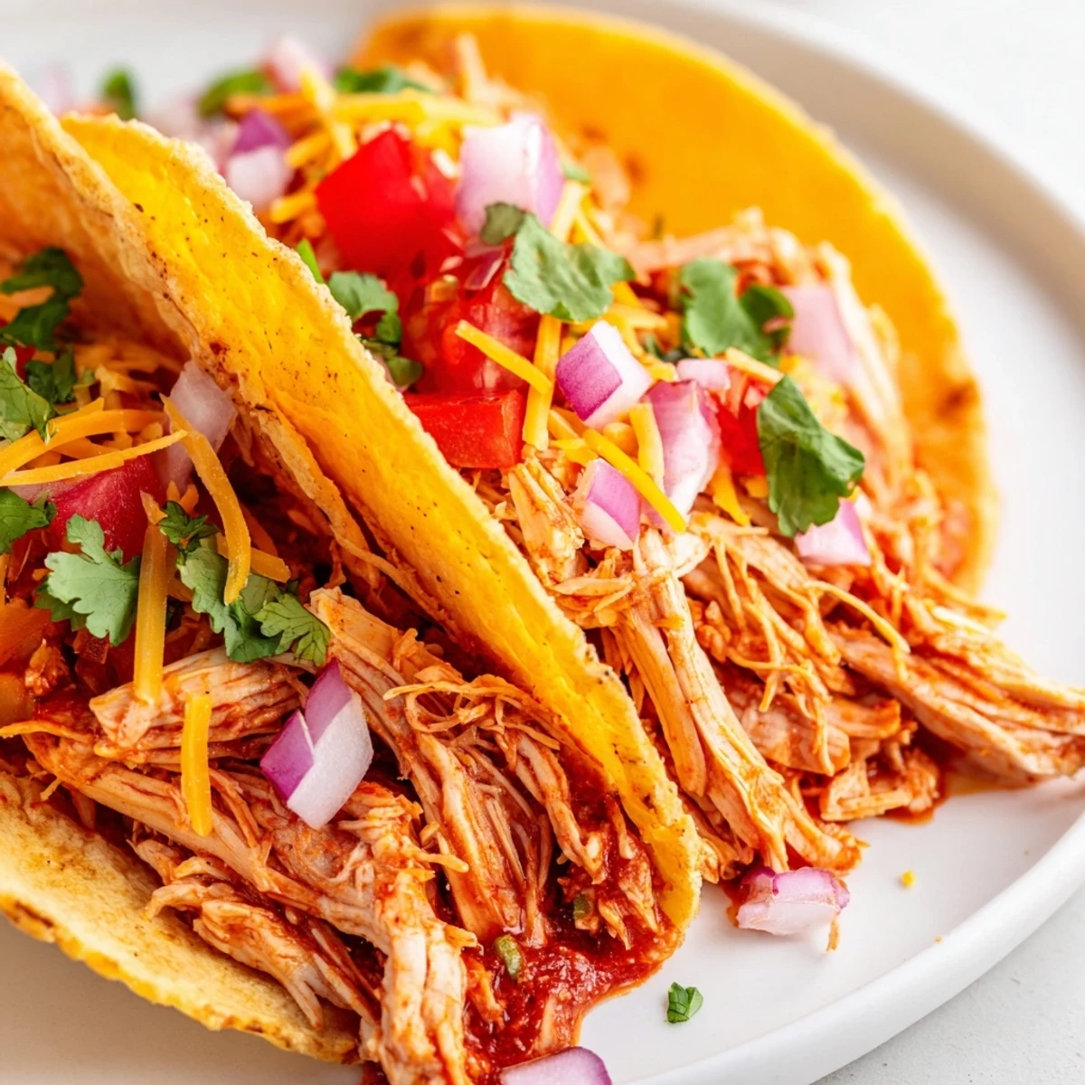 Juicy slow cooker shredded chicken tacos topped with melted cheese and fresh cilantro