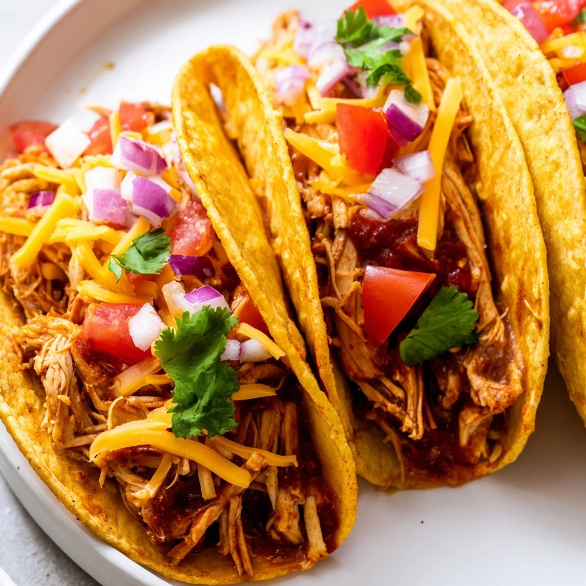 Savory slow cooker shredded chicken tacos garnished with diced tomatoes, sour cream, and lime