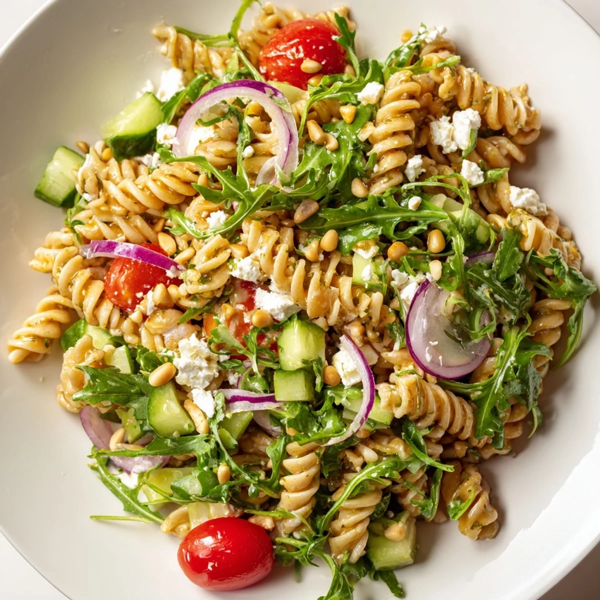 Quick lemon arugula pasta salad tossed with juicy cherry tomatoes and crisp cucumber in a bright citrus dressing