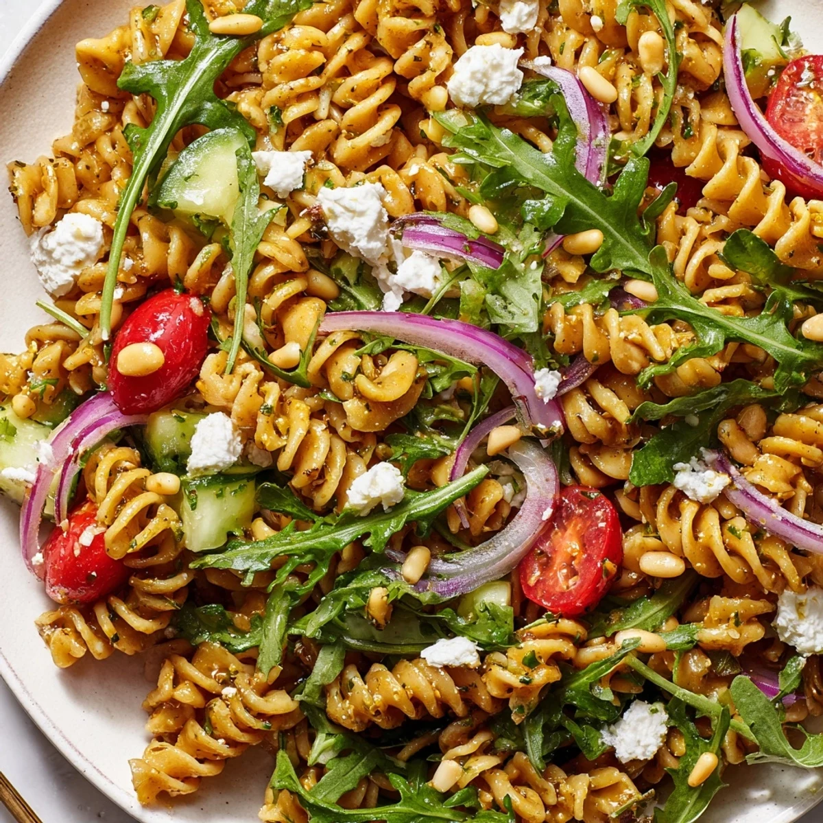 Zesty quick lemon arugula pasta salad served in a white bowl topped with crumbled feta and toasted pine nuts