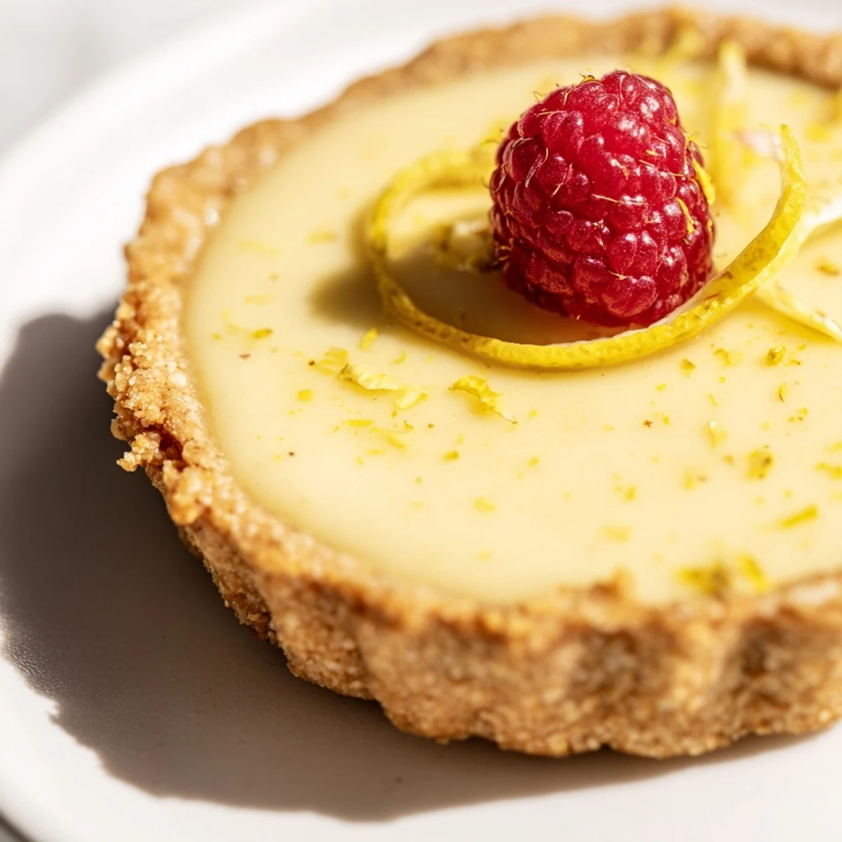 Golden mini vegan lemon tarts with silky filling topped with fresh berries
