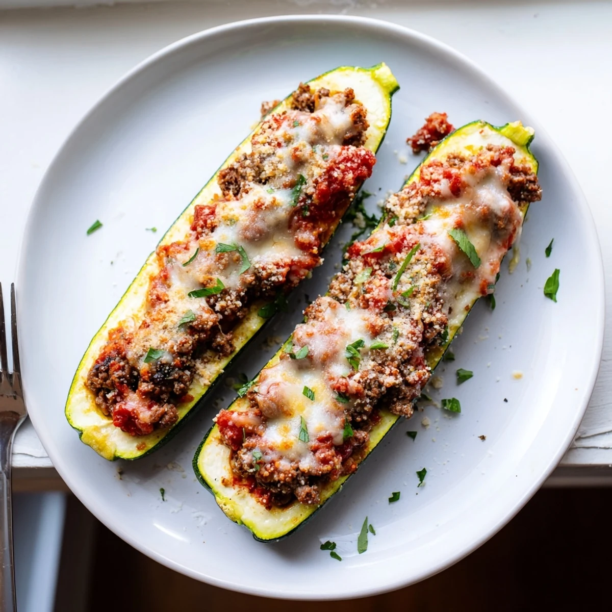 Golden cheesy stuffed zucchini boats with ground beef fresh from the oven
