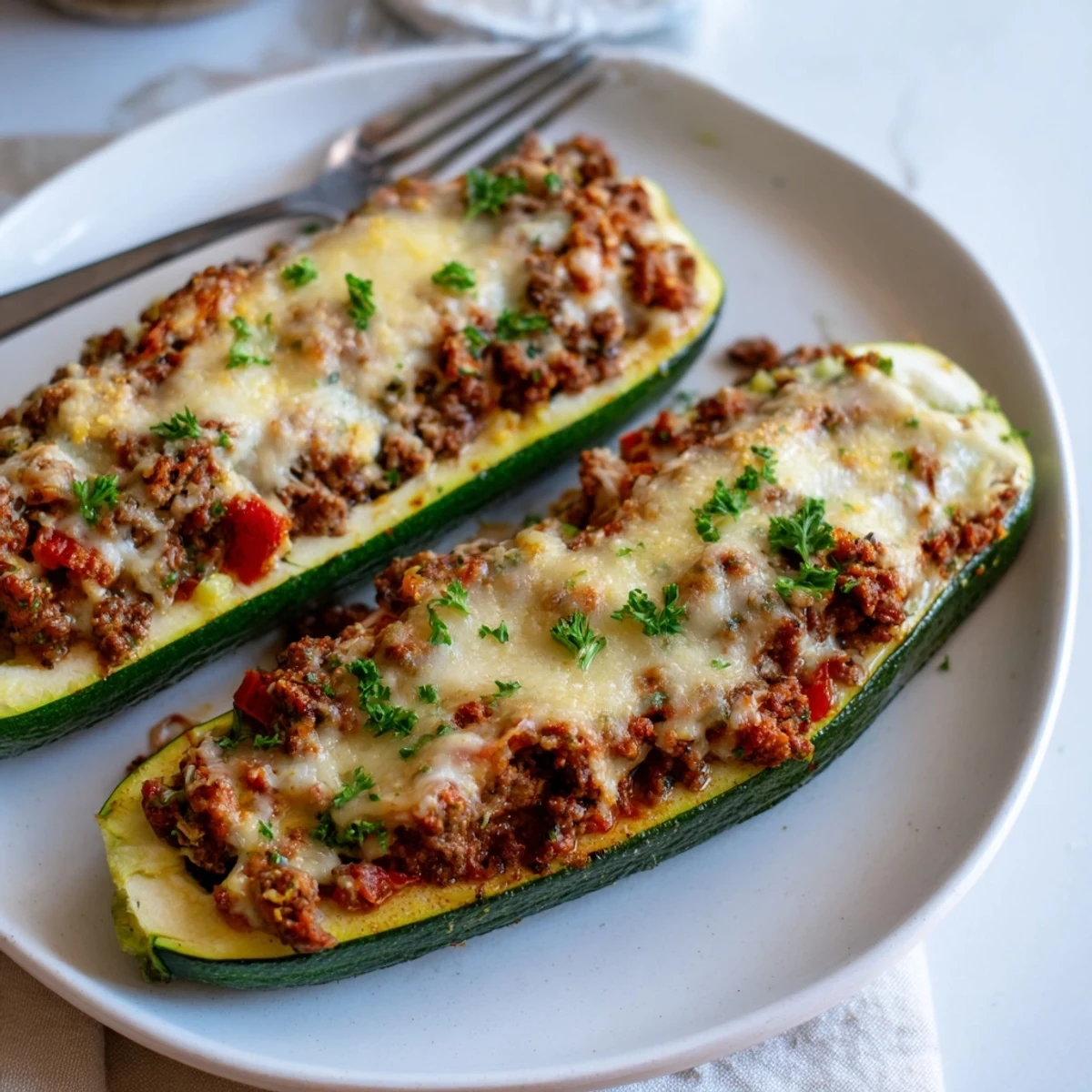 Stuffed zucchini boats with ground beef topped with bubbling melted mozzarella cheese