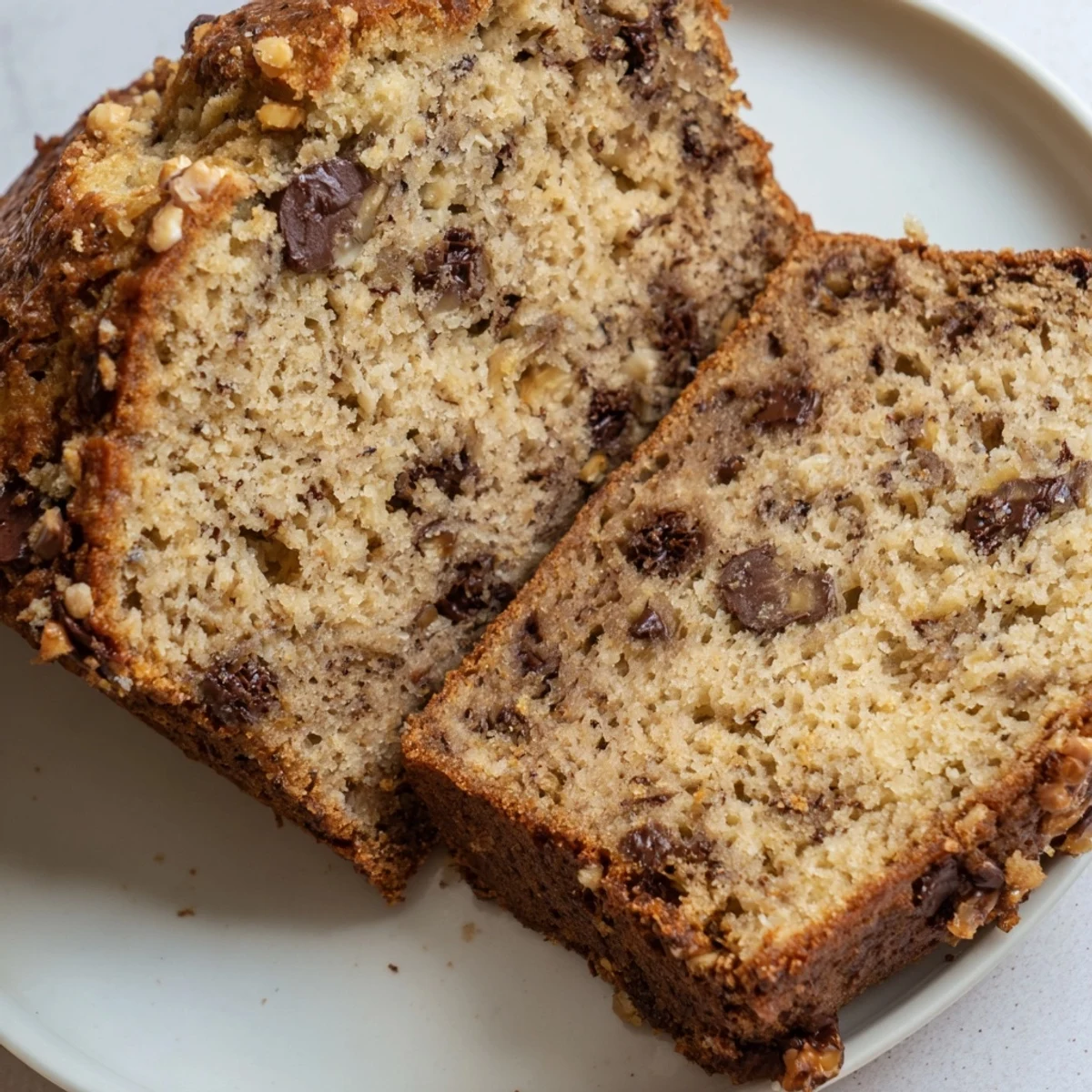 Golden slices of super moist banana bread arranged on a rustic cutting board with walnuts scattered nearby
