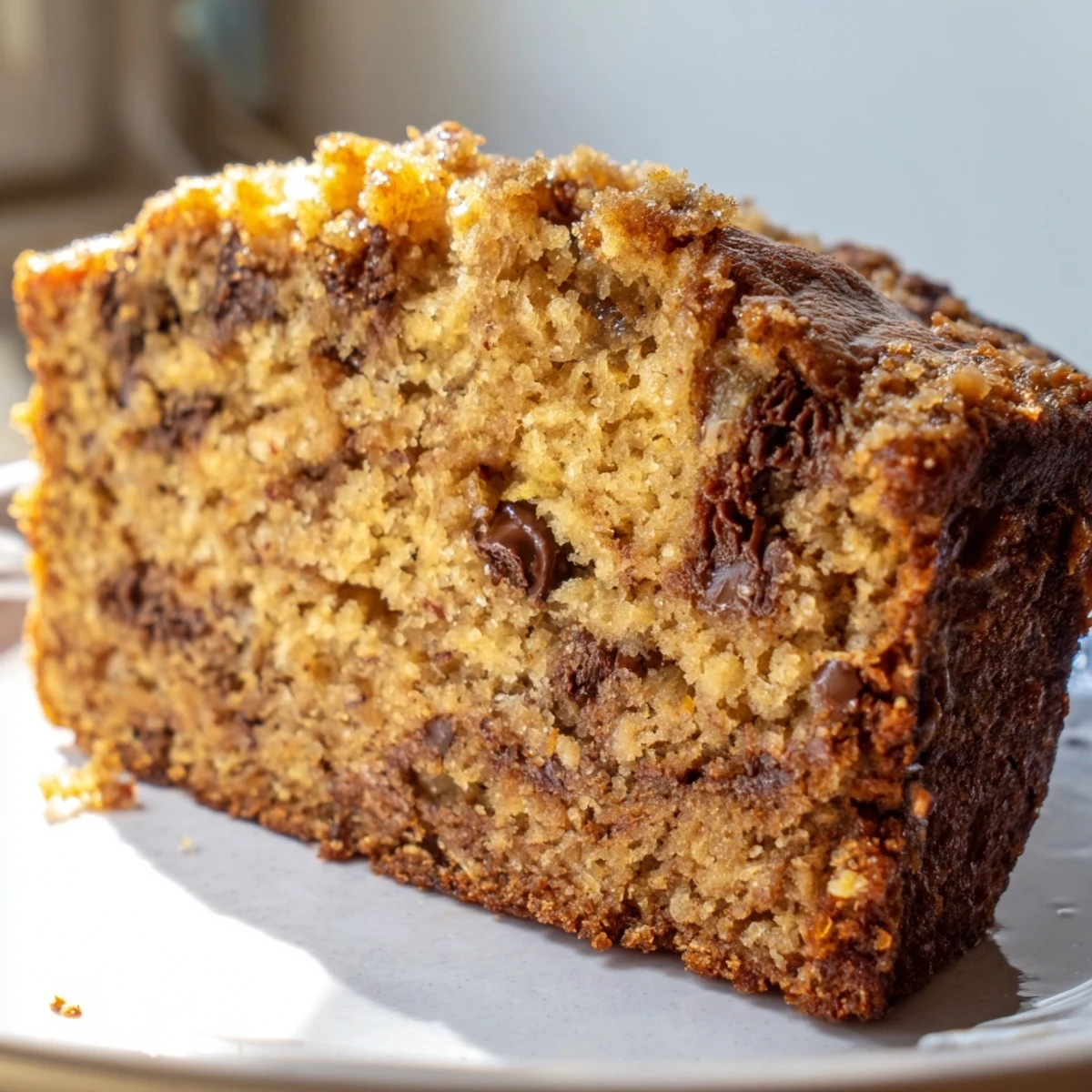 Warm super moist banana bread loaf with a cracked cinnamon sugar top fresh from the oven