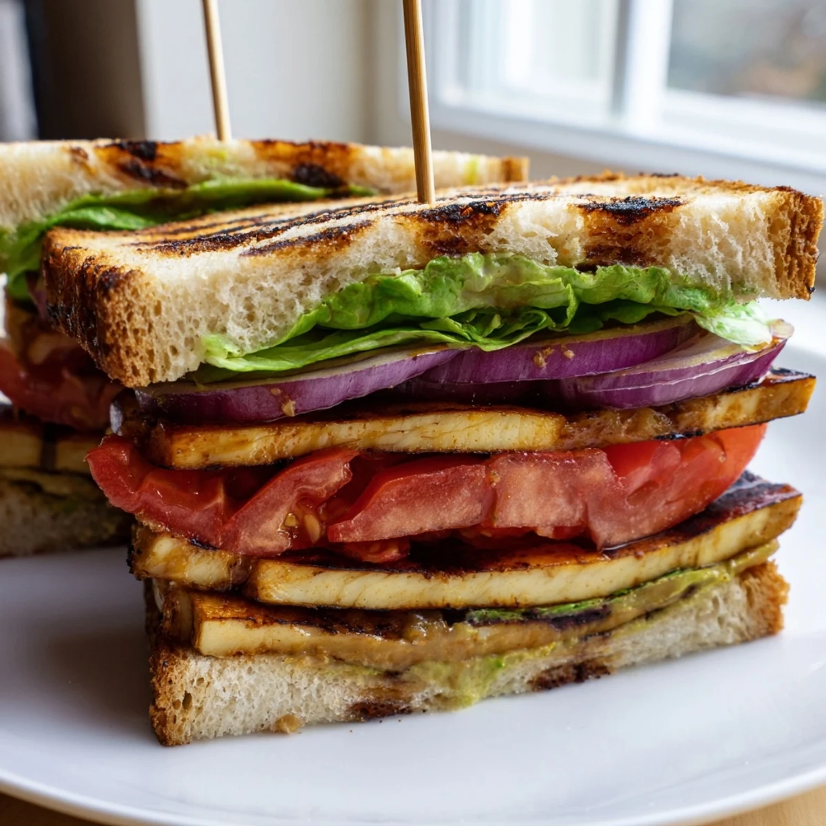 Smoky Tofu TLT Sandwich served on toasted sourdough with ripe tomato slices