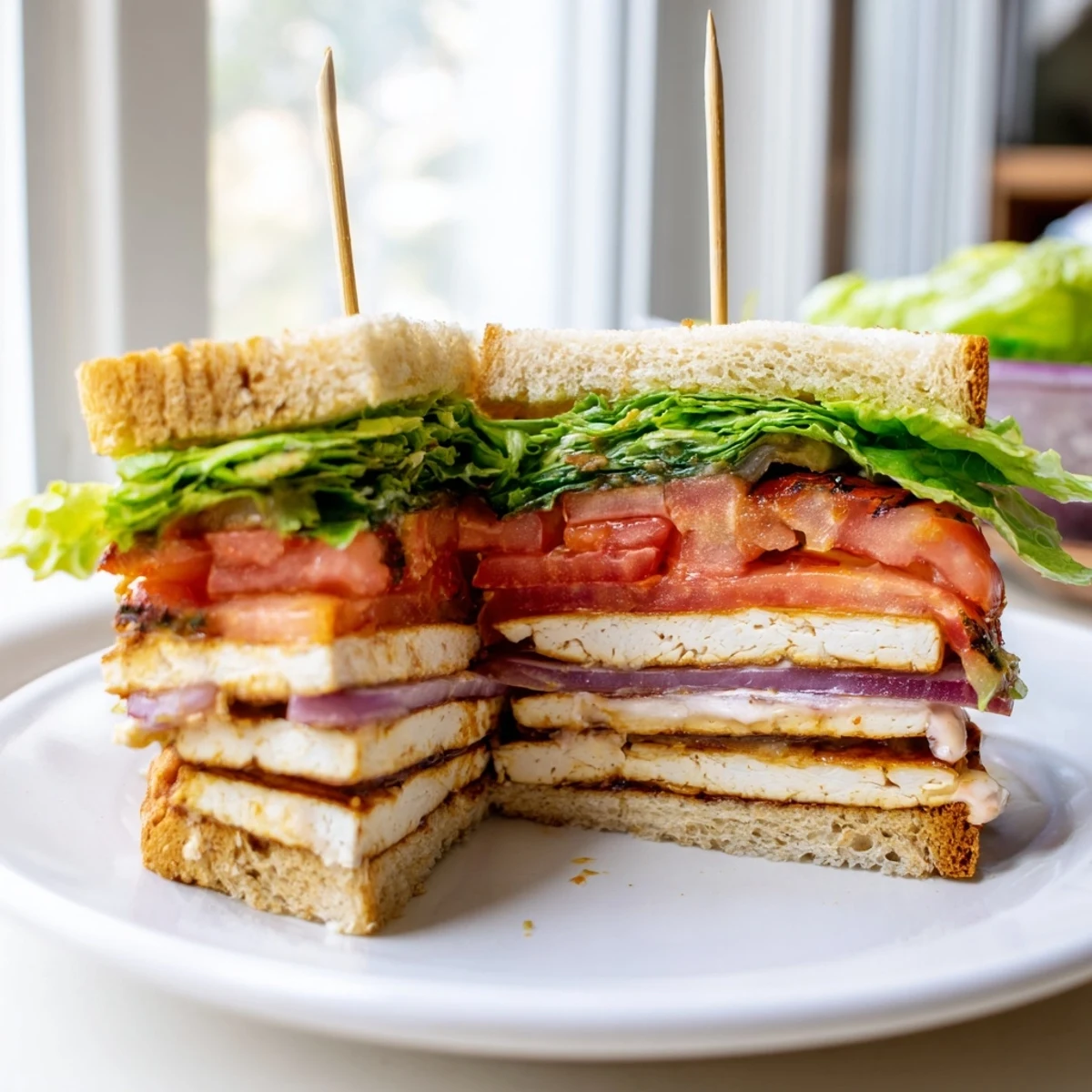 Summer Smoky Tofu TLT Sandwich cut in half beside a picnic spread