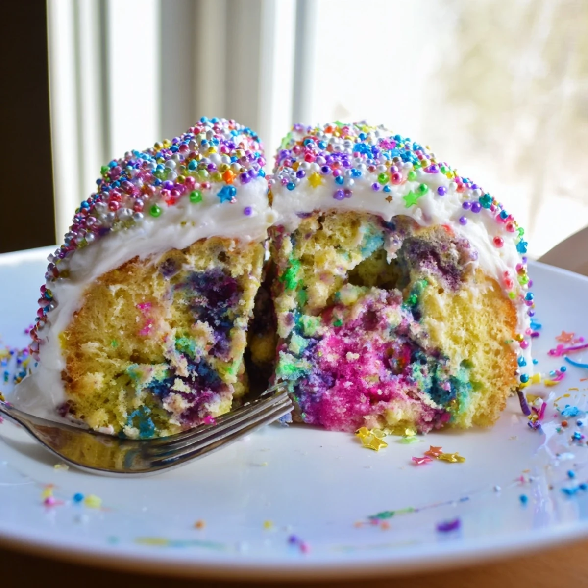 Colorful Unicorn Poke Cake slice revealing rainbow pudding stripes under fluffy whipped topping