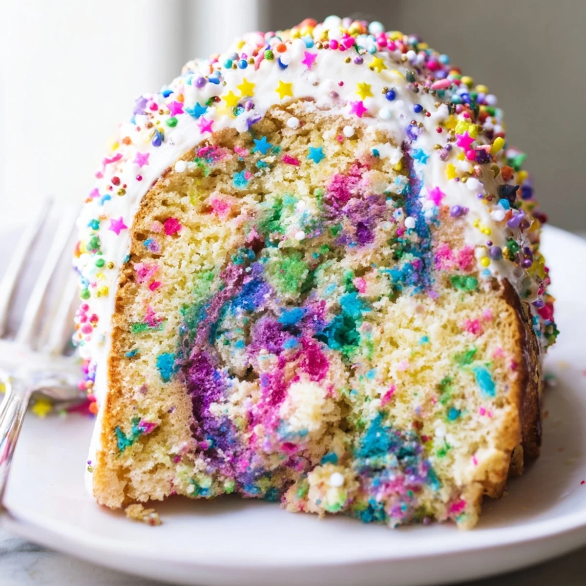 A swirled pastel Unicorn Poke Cake topped with sparkling sprinkles in a glass baking dish