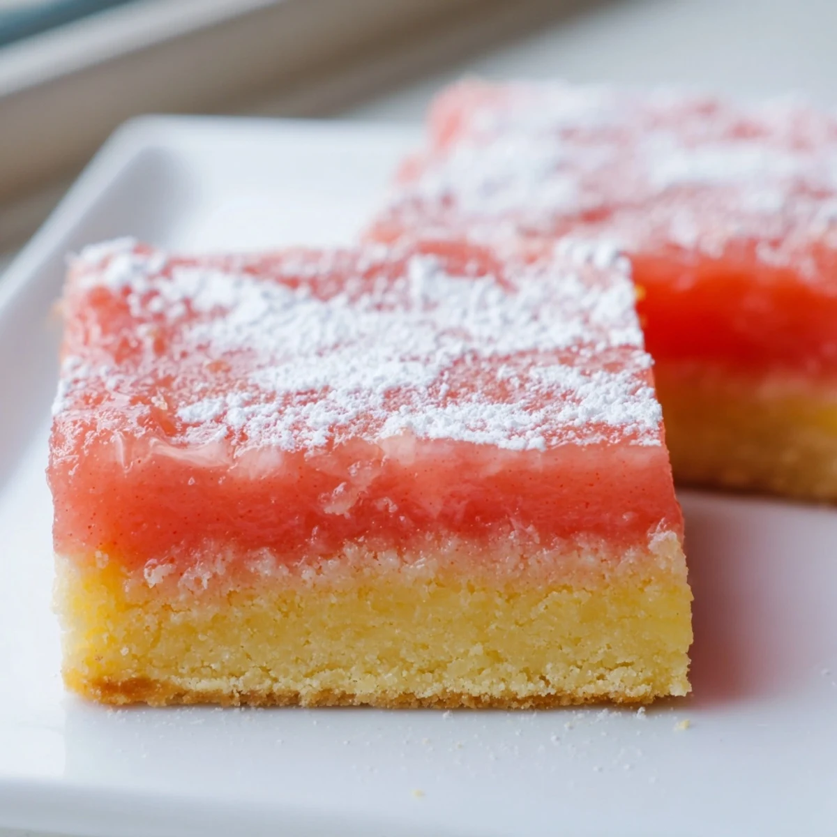 Bright pink grapefruit bars cut into neat squares on a rustic parchment-lined baking sheet