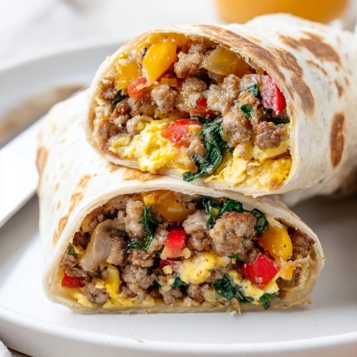 Golden freezer breakfast burritos stuffed with scrambled eggs, sausage, and melted cheddar