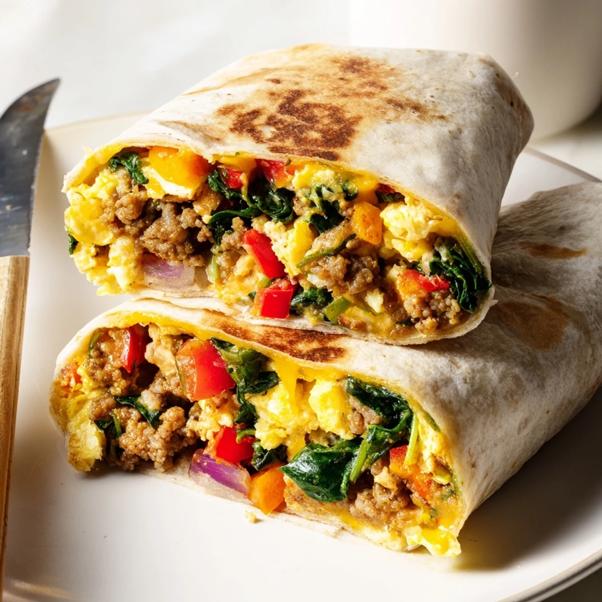 Rolled flour tortillas filled with cheesy egg and sausage freezer breakfast burritos