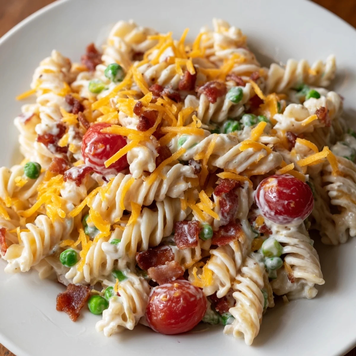 Colorful crack pasta salad served chilled on a plate with cherry tomatoes and cheddar