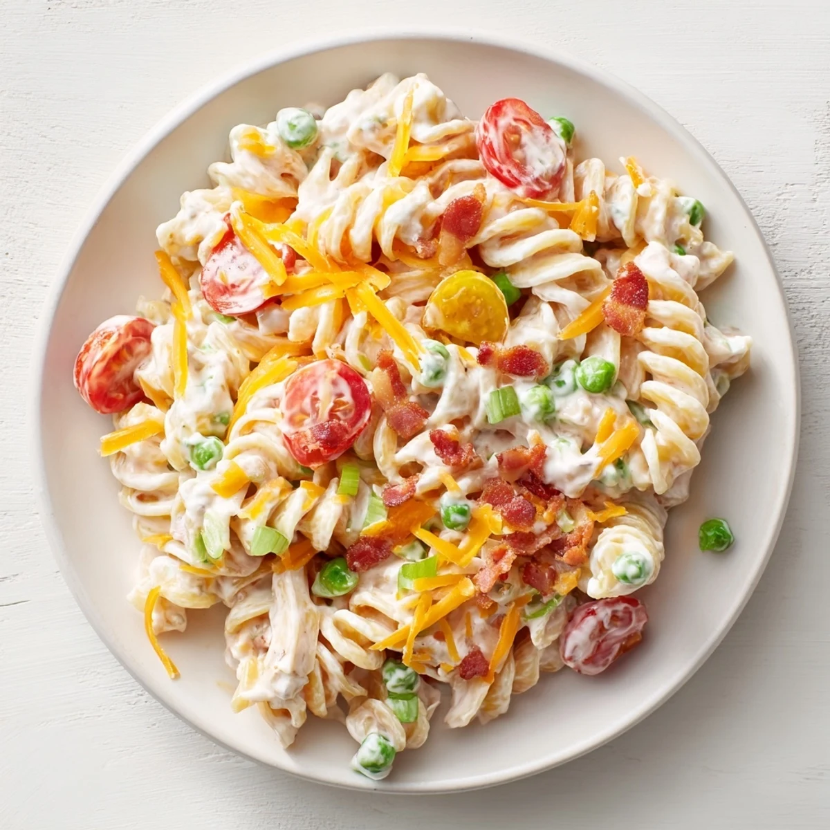Creamy crack pasta salad mounded in a bowl with crunchy veggies and bacon bits