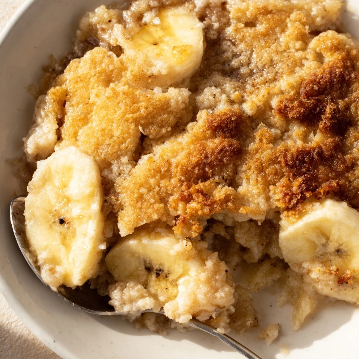 Warm Southern banana cobbler served with melting vanilla ice cream