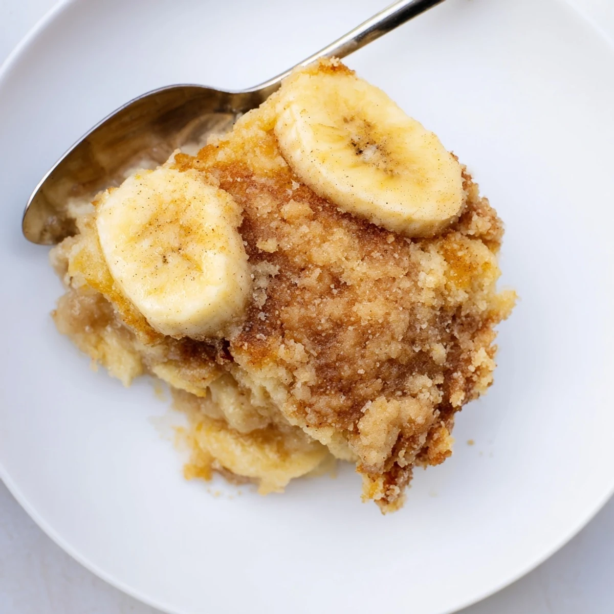 Golden Southern banana cobbler bubbling beneath a buttery, pillowy topping