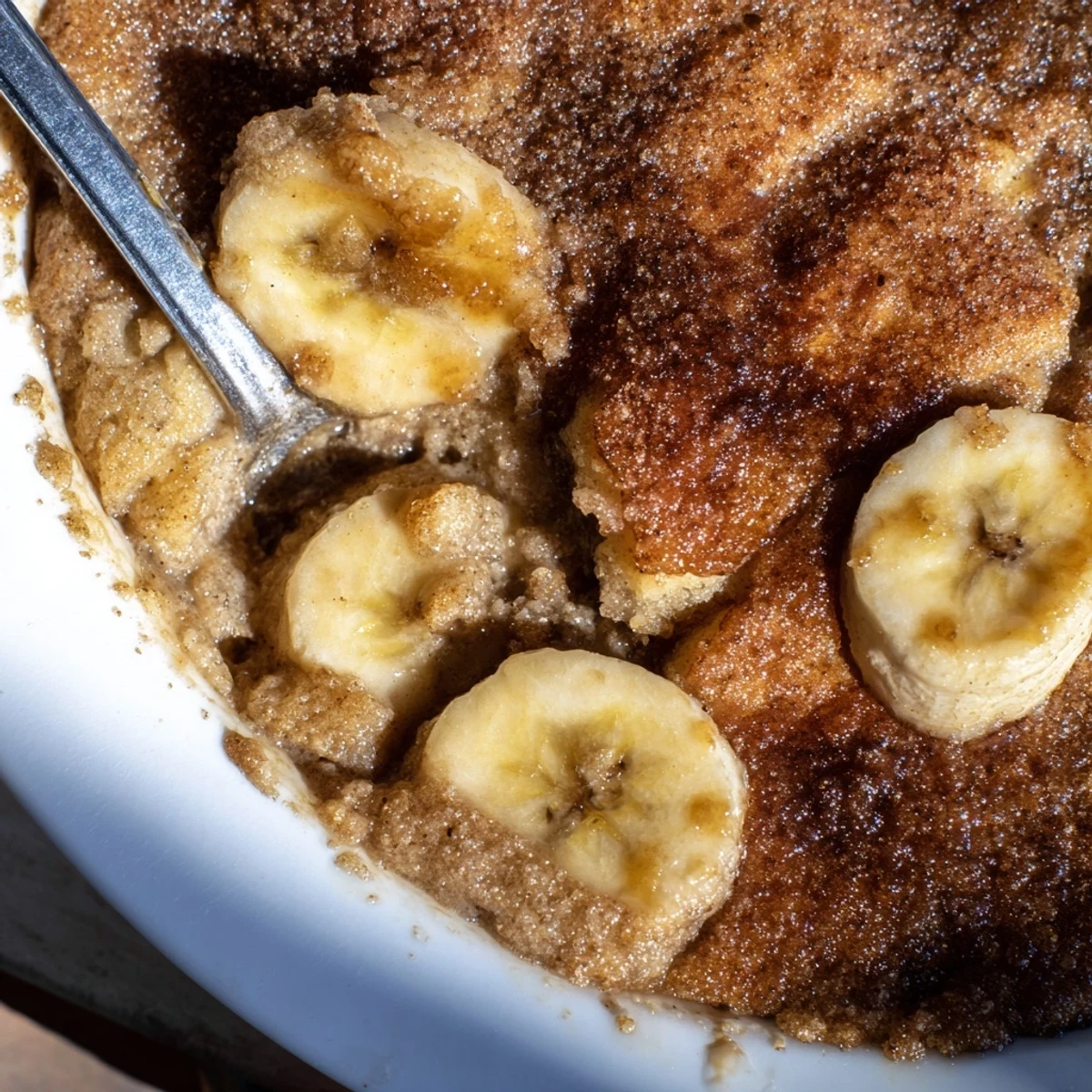 Cinnamon-spiced Southern banana cobbler fresh from the oven in a baking dish