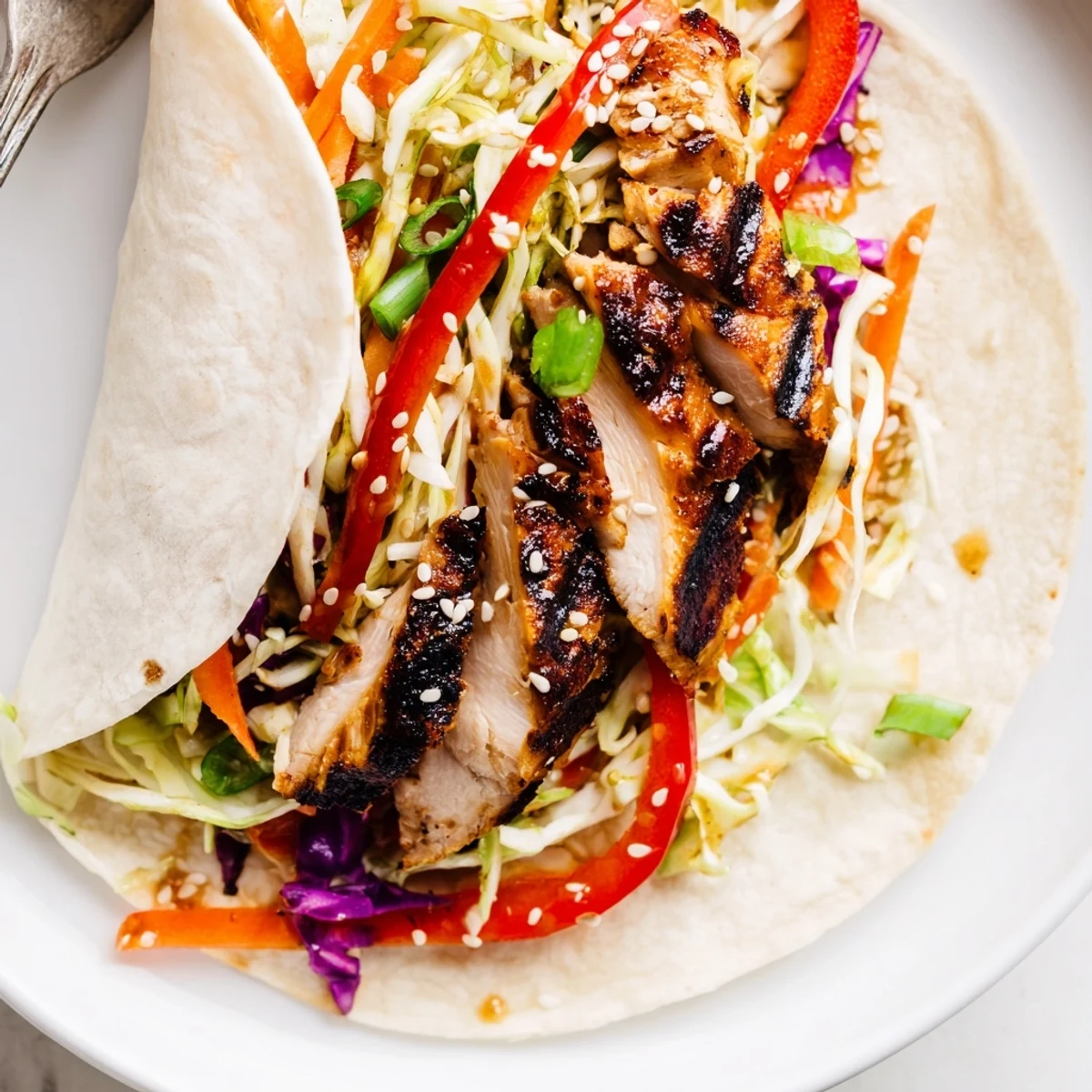 Juicy sliced chicken nestled in Thai chicken wraps with crunchy Asian slaw