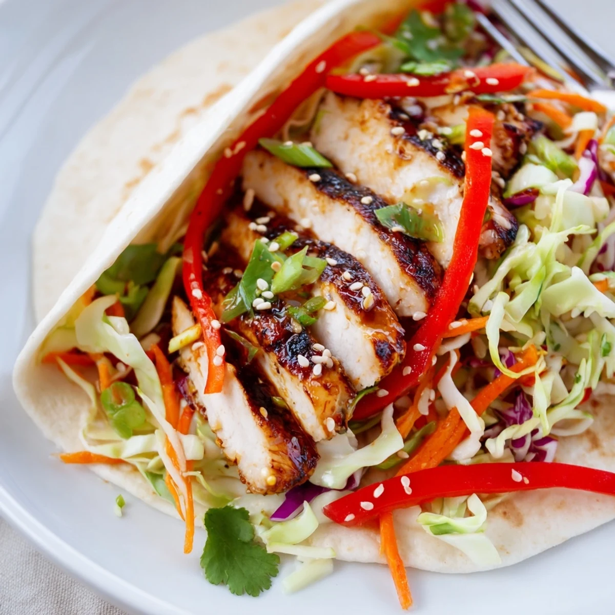 Warm tortilla Thai chicken wraps topped with tangy slaw and fresh cilantro