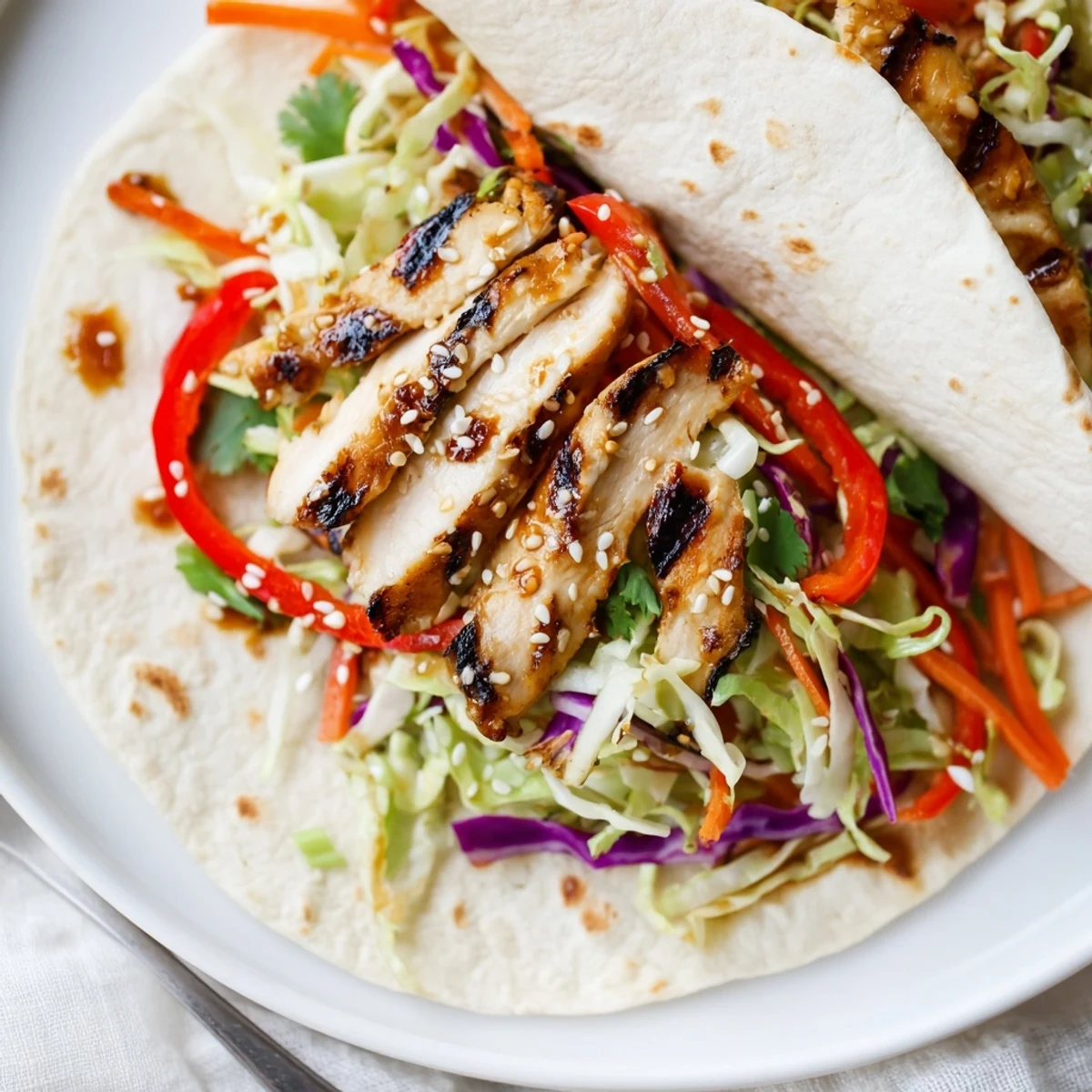 Thai chicken wraps filled with charred chicken, crisp cabbage slaw, and sesame seeds