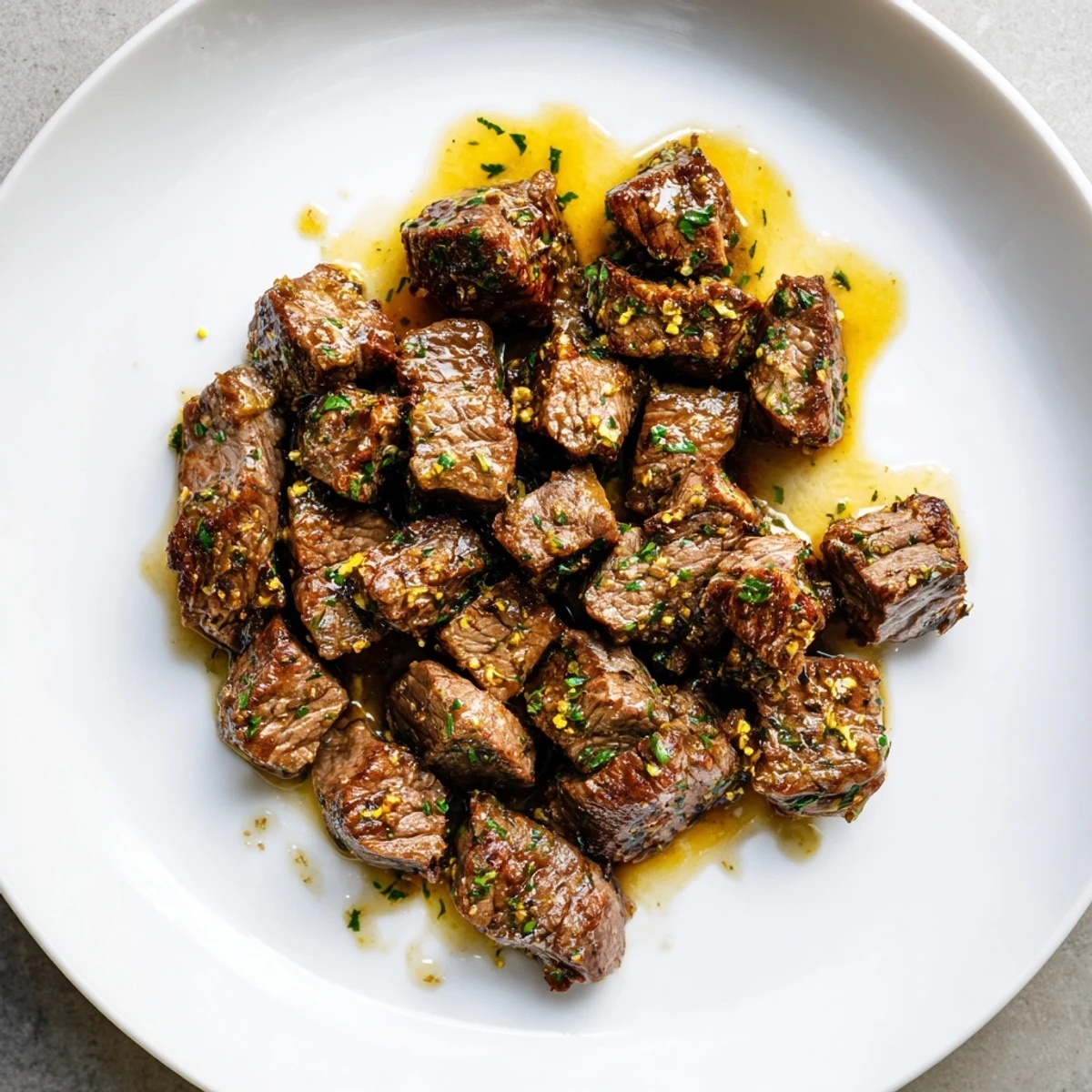 Garlicky Cowboy Butter Steak Bites Recipe with seared edges and juicy centers