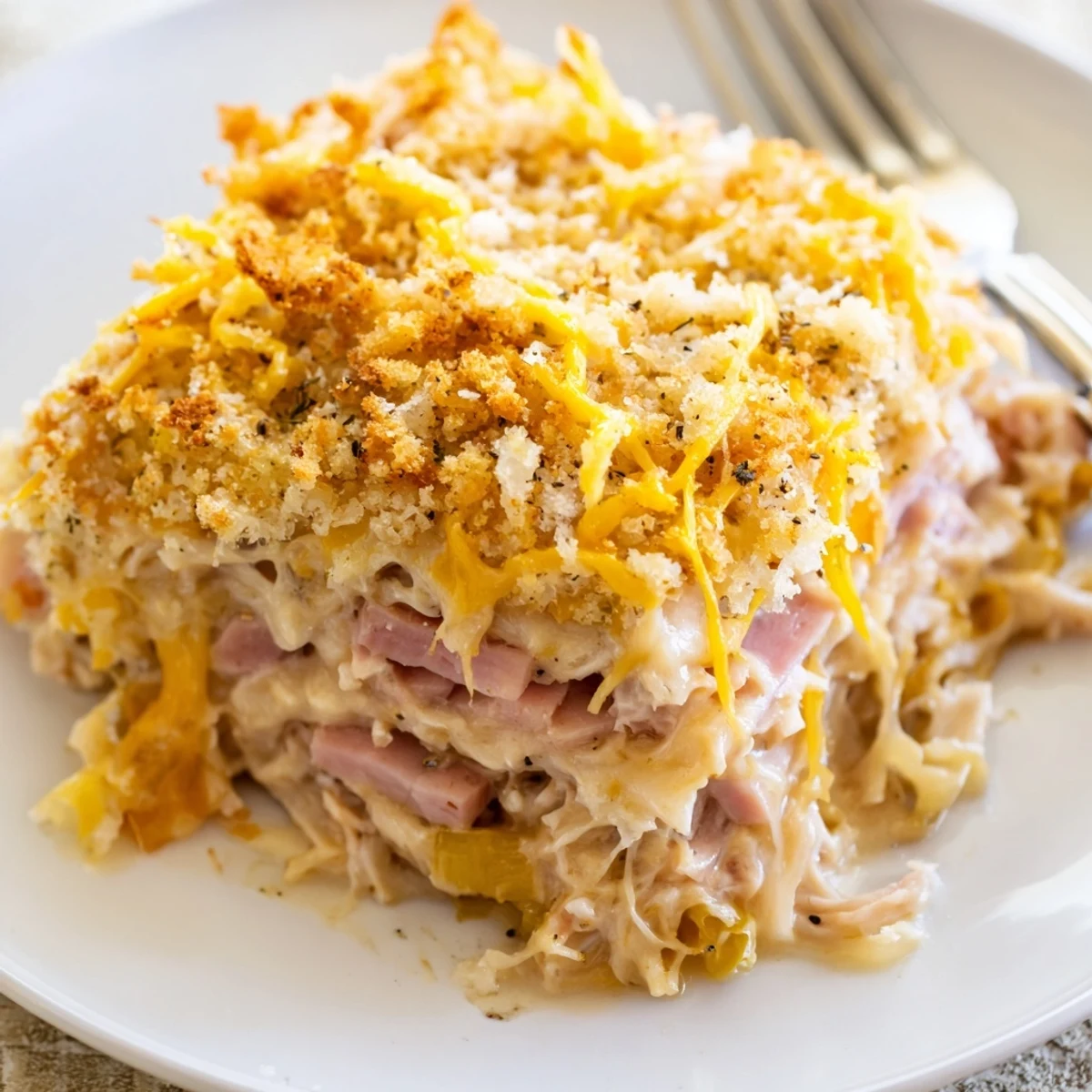 Golden baked Chicken Cordon Bleu Casserole bubbling with melted Swiss and crispy topping