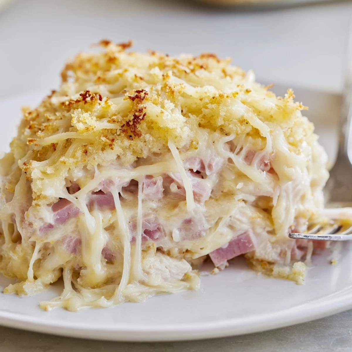 Creamy Chicken Cordon Bleu Casserole layered with ham, Dijon sauce, browned Panko crust
