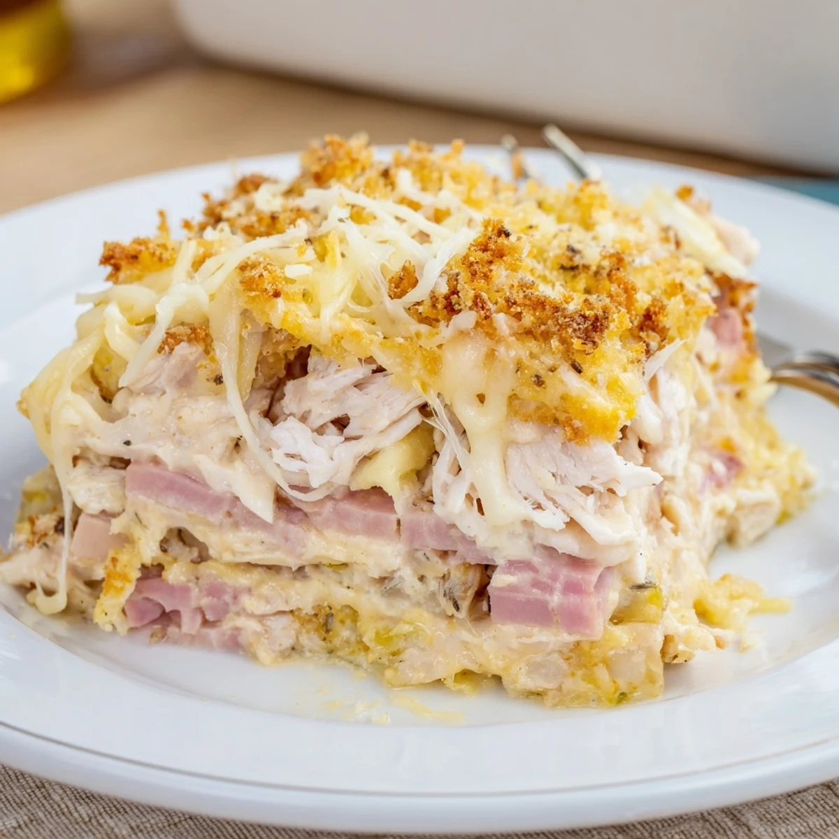 Slice of Chicken Cordon Bleu Casserole on plate, paired with crisp green salad