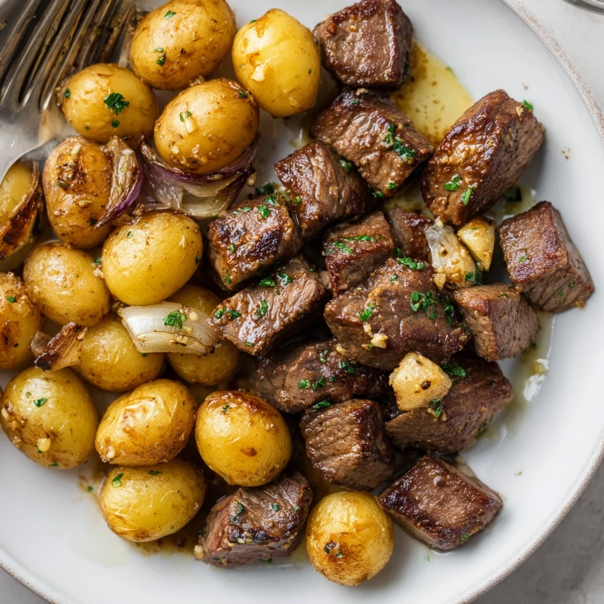 Garlic Steak Bites and Potatoes seared in butter, fragrant parsley sprinkle.