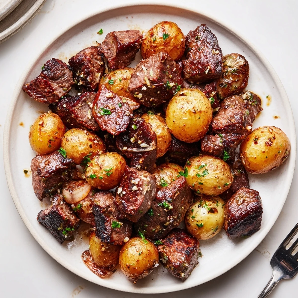 Fork-ready Garlic Steak Bites and Potatoes with crispy edges, lemon wedge.