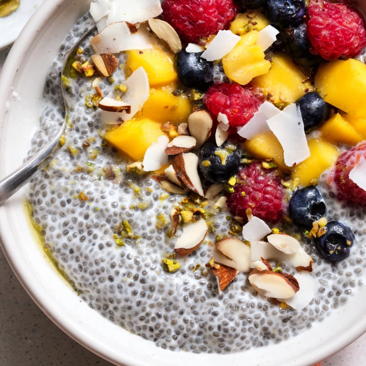 Coconut Chia Pudding topped with mango and coconut flakes, silky texture.