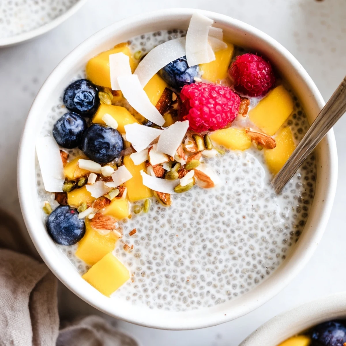 Glass of chilled Coconut Chia Pudding garnished with berries and toasted almonds.