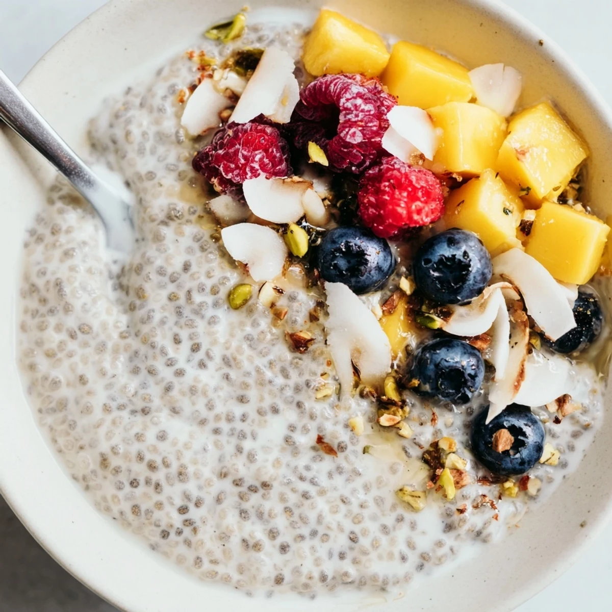 Creamy Coconut Chia Pudding served for breakfast with fresh kiwi and a spoon.