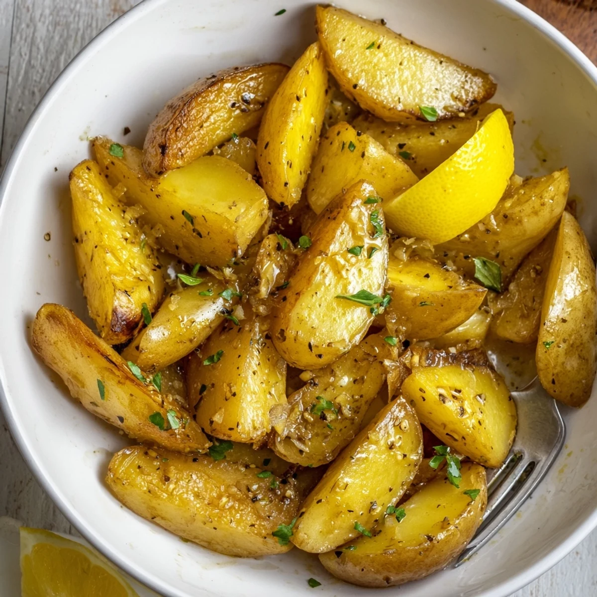 Crispy, golden wedges from an Authentic Greek Lemon Potatoes Recipe, parsley-topped