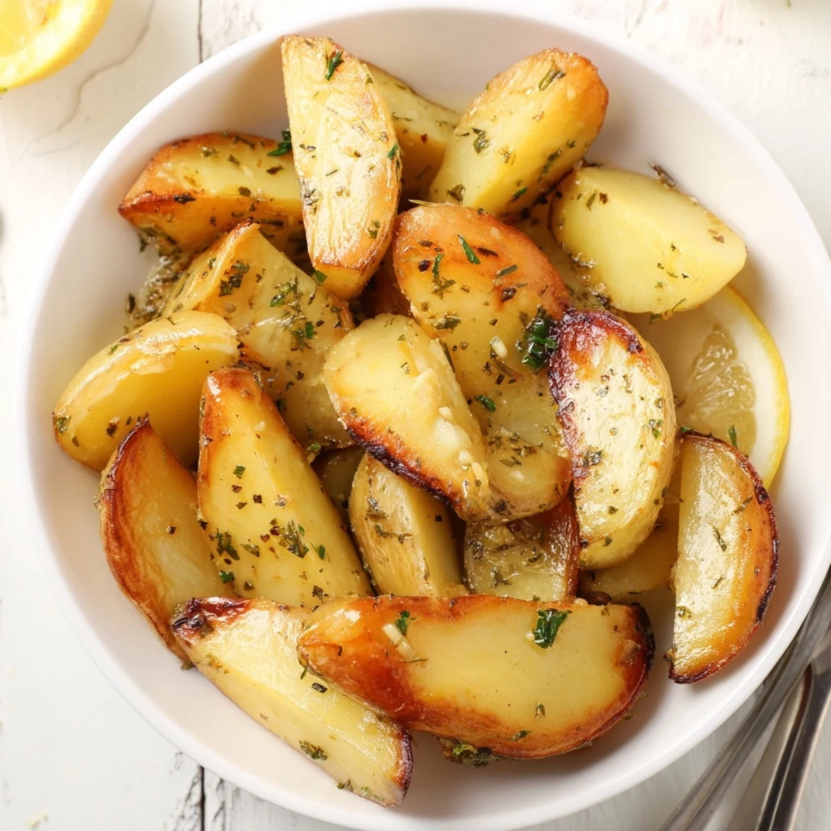 Warm Authentic Greek Lemon Potatoes Recipe, oven-roasted with tender centers and garlic aroma
