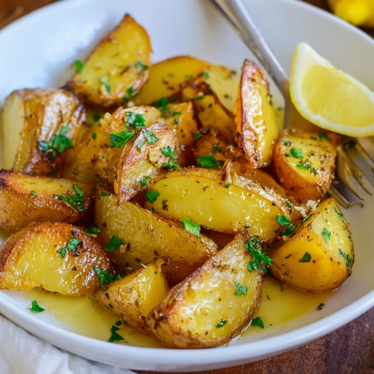 Plated Authentic Greek Lemon Potatoes Recipe beside grilled chicken, bright citrus drizzle