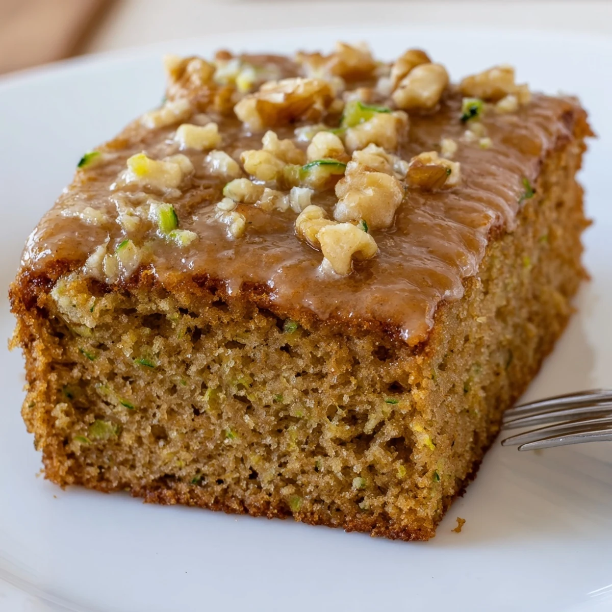 Warm Zucchini Cake With Brown Sugar Icing cooling on a wire rack.