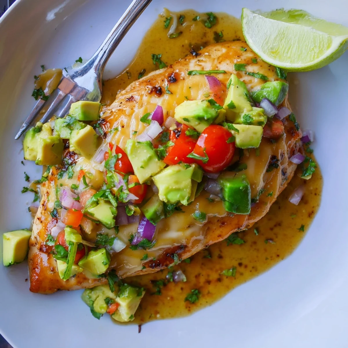 Fiesta Lime Chicken With Avocado sizzling on a hot grill, bright lime aroma