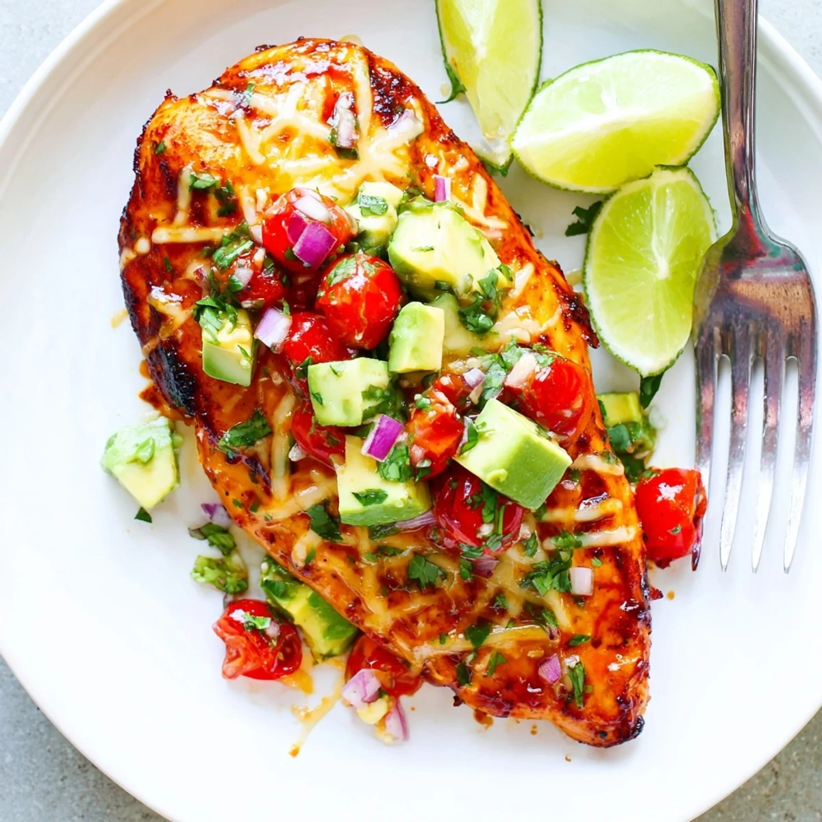 Fiesta Lime Chicken With Avocado draped in creamy green salsa, sprinkled with cilantro