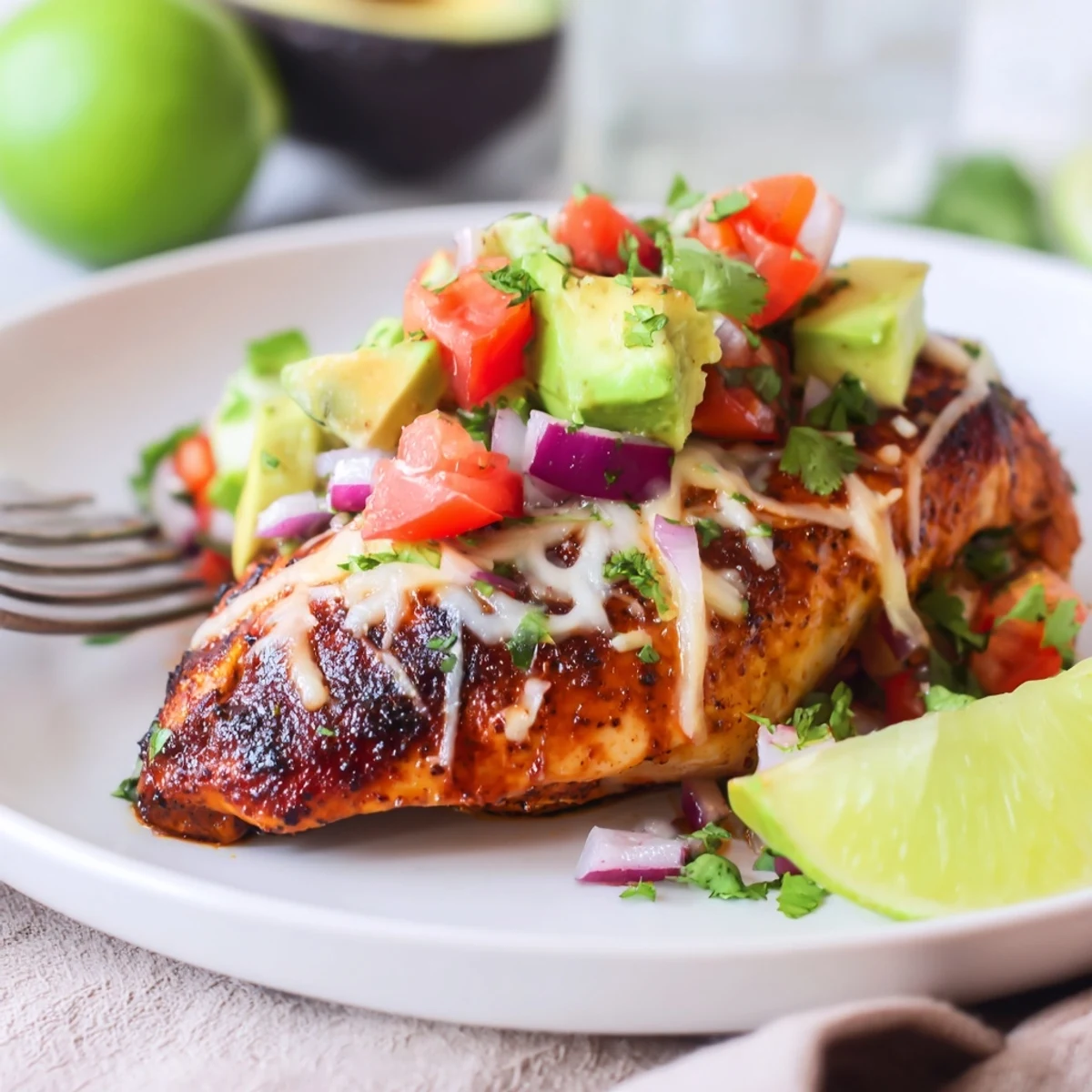 Grilled Fiesta Lime Chicken With Avocado plated with melted cheese and lime wedges